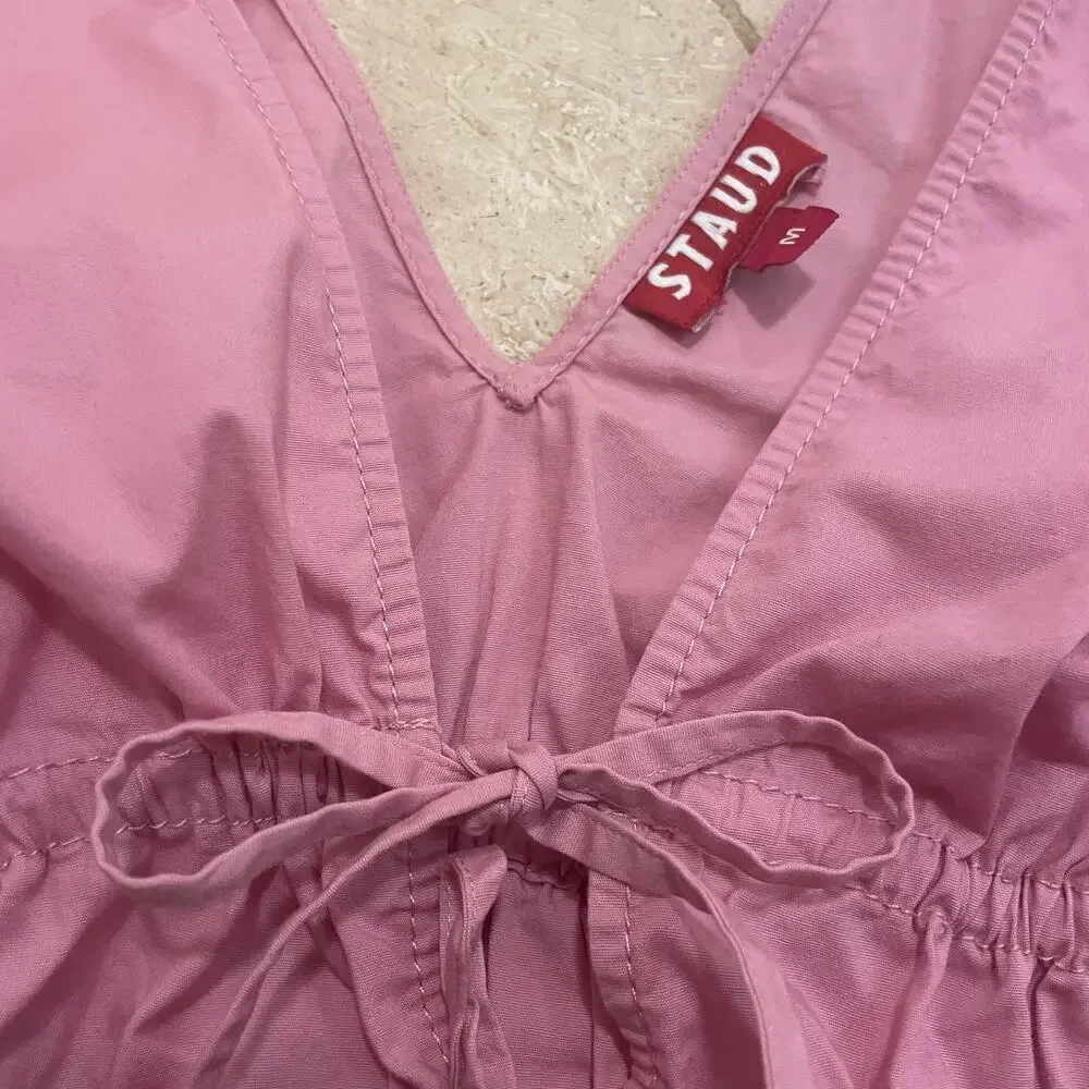 STAUD M Shelby Top Pink | Feminine Peplum, Bows Balloon Puff Cottage Blouse $275